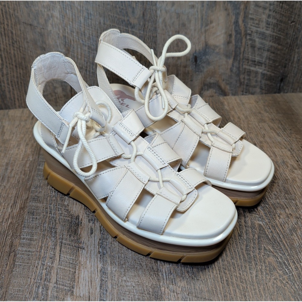 Sorel Joanie III Lace Up Wedge Sandals Women Size 7.5 Chalk Gum Leather Platform